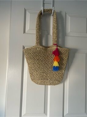 Woven Straw Tote with Pink, Orange, Yellow & Blue Tassels